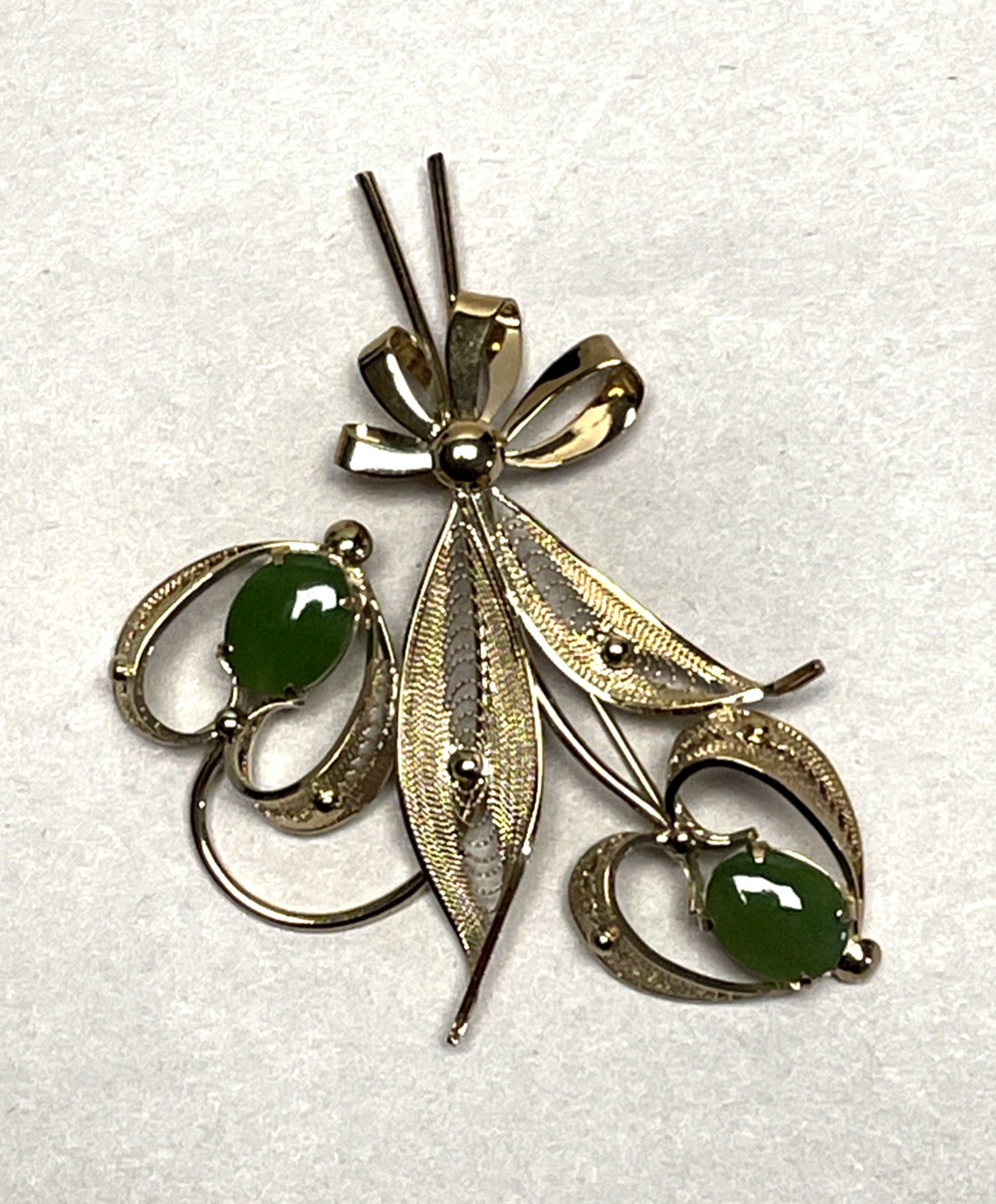 Vintage Sorrento Sterling Silver Filigree Brooch Green Jade Cabochon Floral 10g